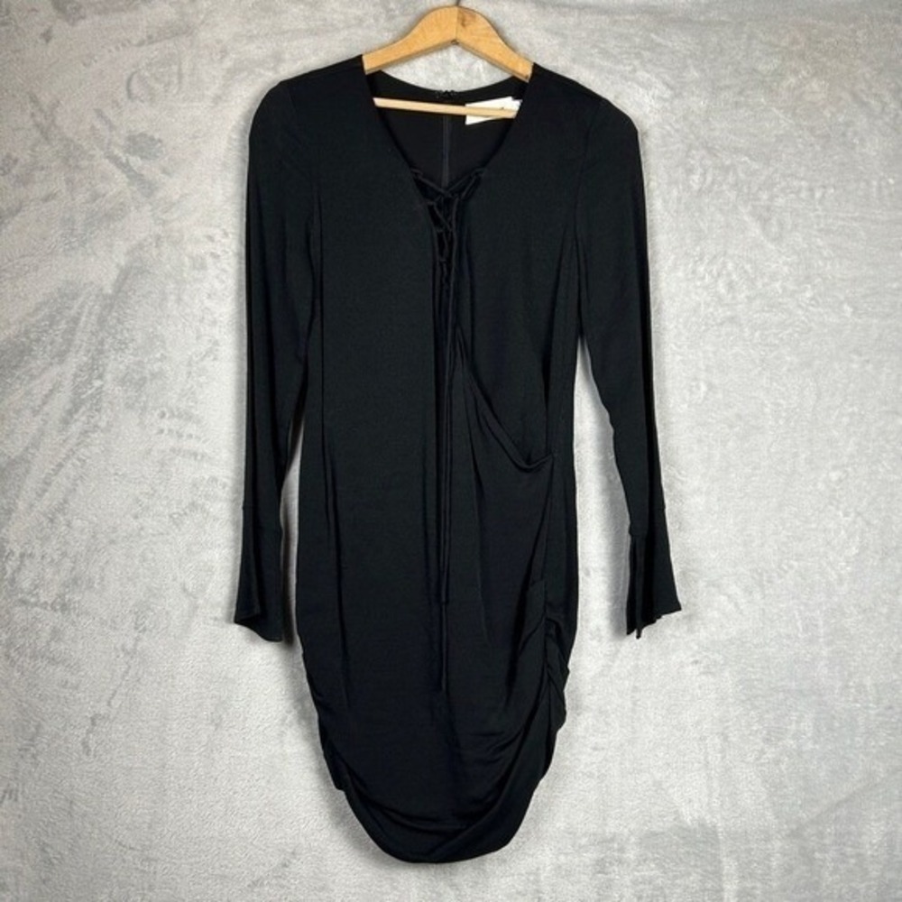 Line + Dot Black Lace Up V-Neck Ruched Long Sleeve Mini Dress XS